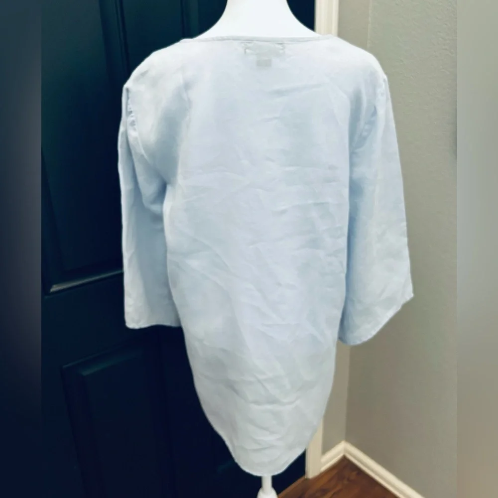 NWOT 100% Linen Size Small Baby Blue Crochet Detail Wide Flare Sleeves Tunic - Picture 4 of 14